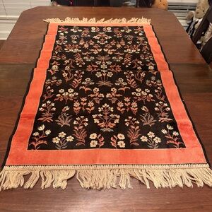 Vintage Turkish Oriental Black Orange Floral Fringe Rug Belgium 3.5 X 2